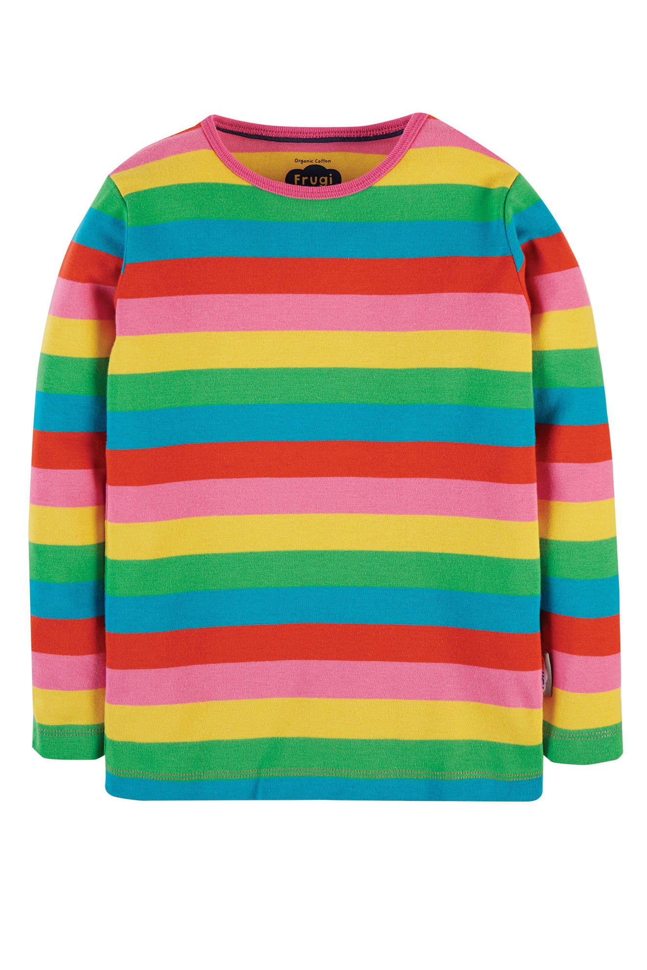 Frugi långärmad t-shirt i ekologisk bomull i rengbågsfärger, Foxglove Rainbow Stripe