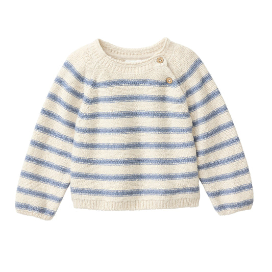 Ekologisk stickad bomullströja för baby med blå ränder från People Wear Organic