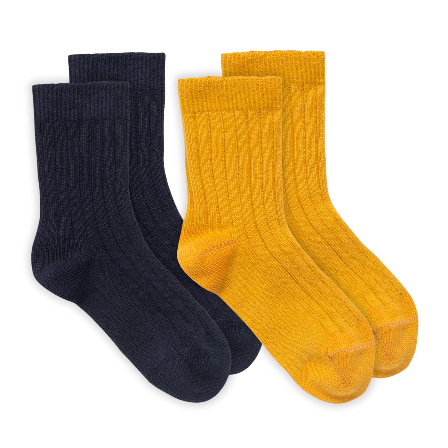 Strumpor för barn i ekologisk bomull från People Wear Organic, mörkblå och senapsgula