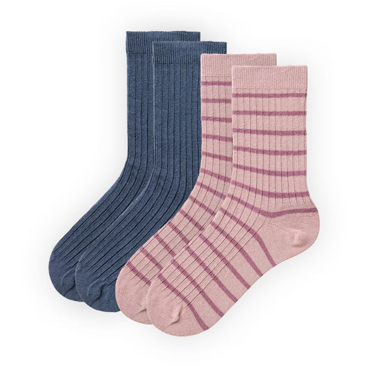 Tvåpack ribbade strumpor för barn i blått och rosa i ekologisk bomull från People Wear Organic