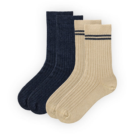Tvåpack strumpor för barn i mörkblått och sand i ekologisk bomull från People Wear Organic