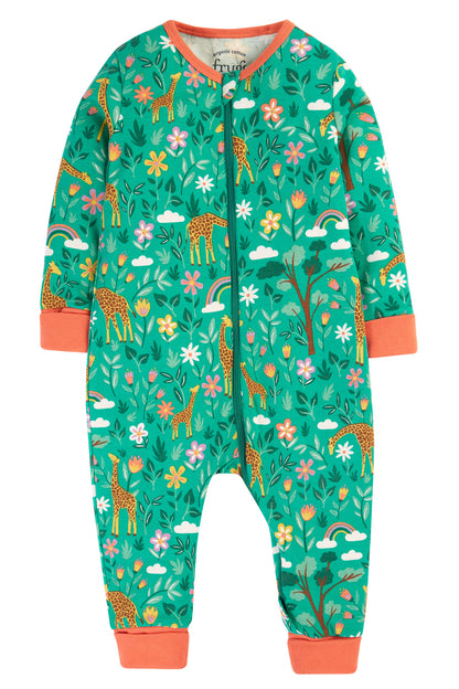 Frugi babypyjamas i ekologisk bomull med giraffmönster, grön, Zelah Zip Up All In One