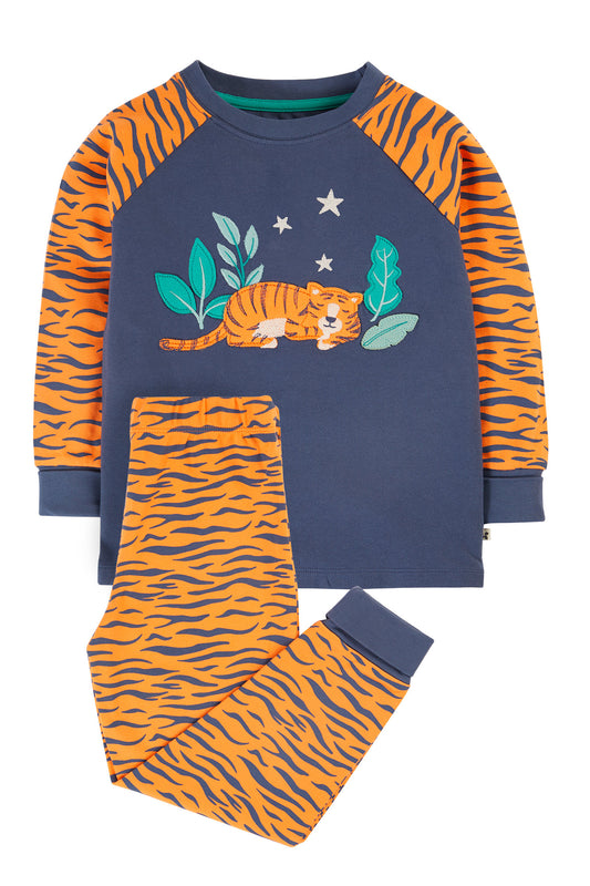 Frugi pyjamas för barn i ekologisk bomull med applikation med tiger, Jamie Jim Jams