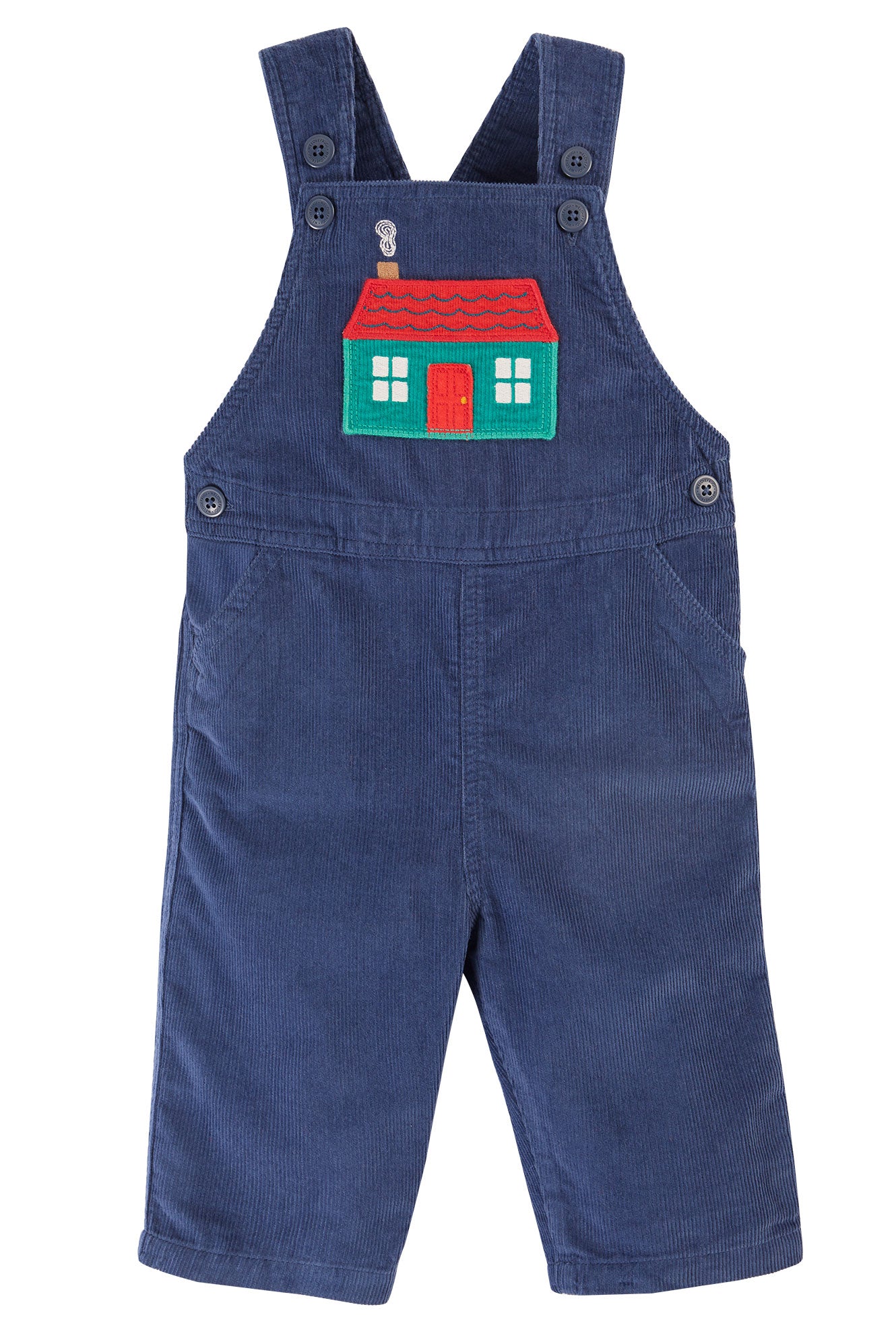 Frugi hängselbyxor för baby i ekologisk manchester med husapplikation, Durgan Cord Dungaree