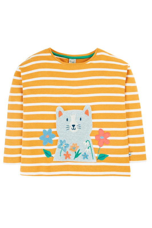 Frugi långärmad t-shirt i ekologisk bomull med kattapplikation, Tori Applique Top