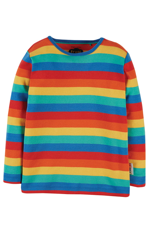 Frugi långärmad t-shirt i ekologisk bomull i regnbågsfärger, Rainbow Stripe