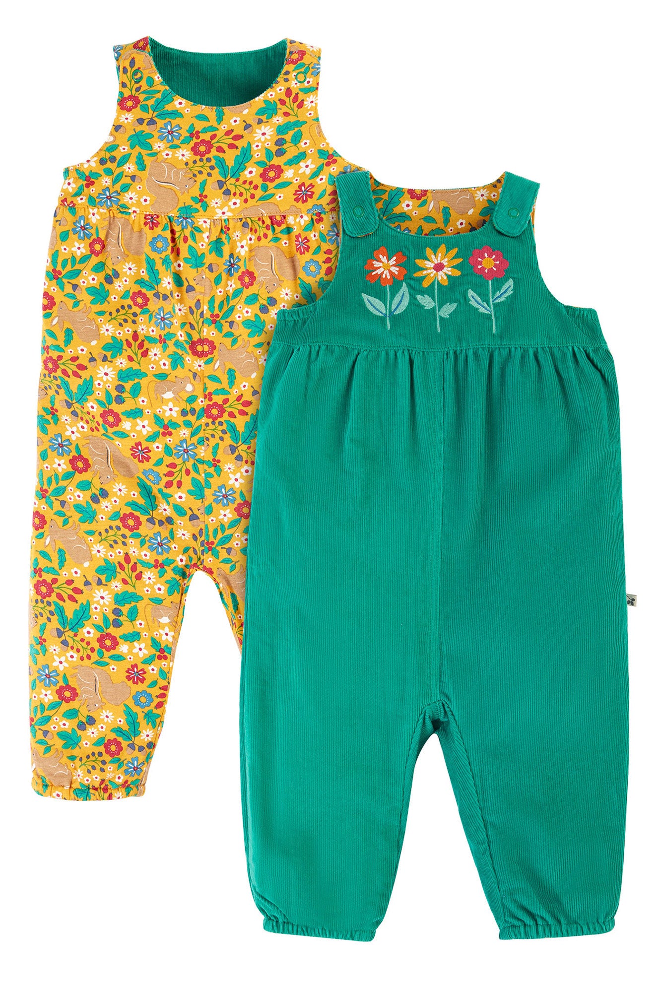 Frugi vändbara hängselbyxor för baby i ekologisk manchester, Lacey Reversible Dungaree