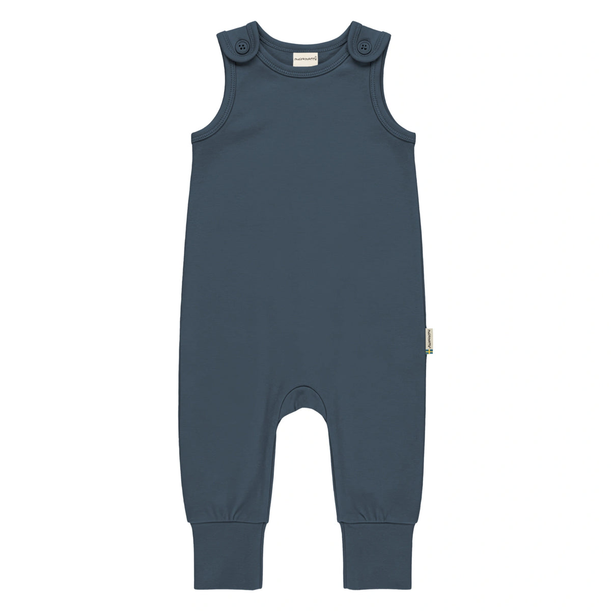 Blå hängselbyxor för baby från Maxomorra i ekologiskt sweatshirttyg