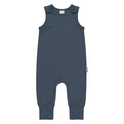 Blå hängselbyxor för baby från Maxomorra i ekologiskt sweatshirttyg
