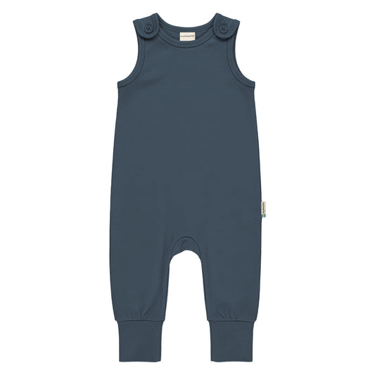 Blå hängselbyxor för baby från Maxomorra i ekologiskt sweatshirttyg