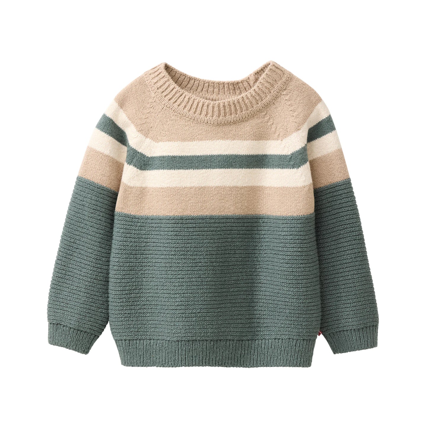 Stickad bomullströja för barn i ekologisk bomull från People Wear Organic med fält i grön, naturvit och beige