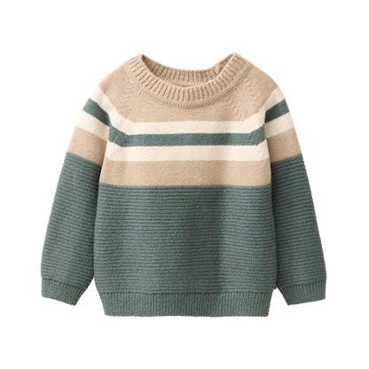 Stickad bomullströja för barn i ekologisk bomull från People Wear Organic med fält i grön, naturvit och beige