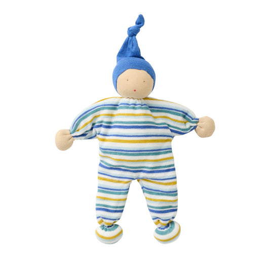Ekologisk tygdocka för baby från People Wear Organic i multifärgad randig overall