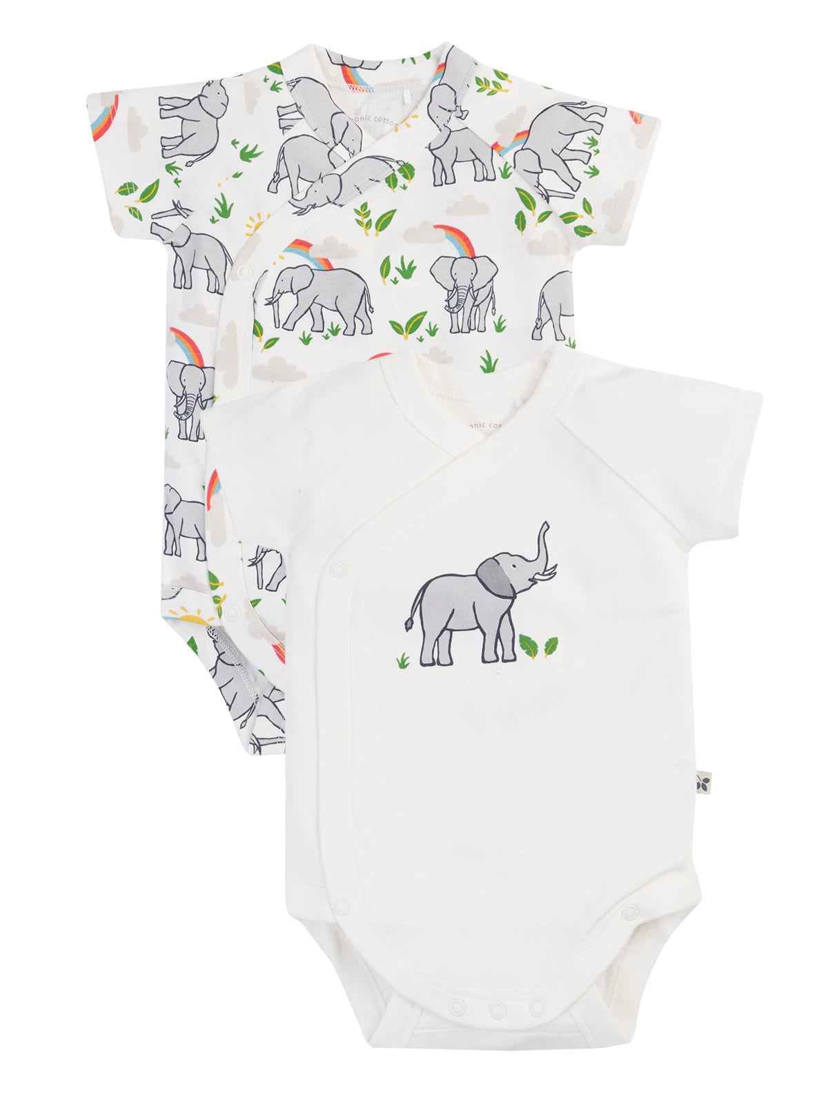 Tvåpack ekologiska bodies från Frugi i ekologisk bomull med elefantmönster