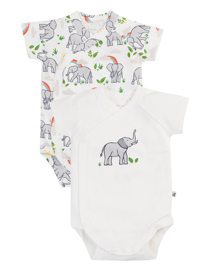 Tvåpack ekologiska bodies från Frugi i ekologisk bomull med elefantmönster