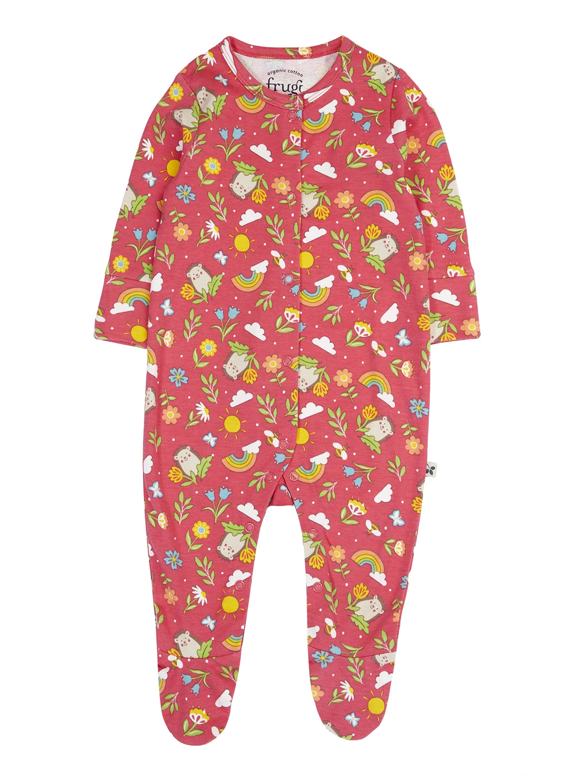 Babypyjamas i ekologisk bomull från Frugi, röd med glada igelkottar
