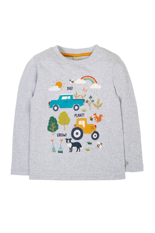 Frugi långärmad t-shirt för barn, grå med bondgårdsmotiv