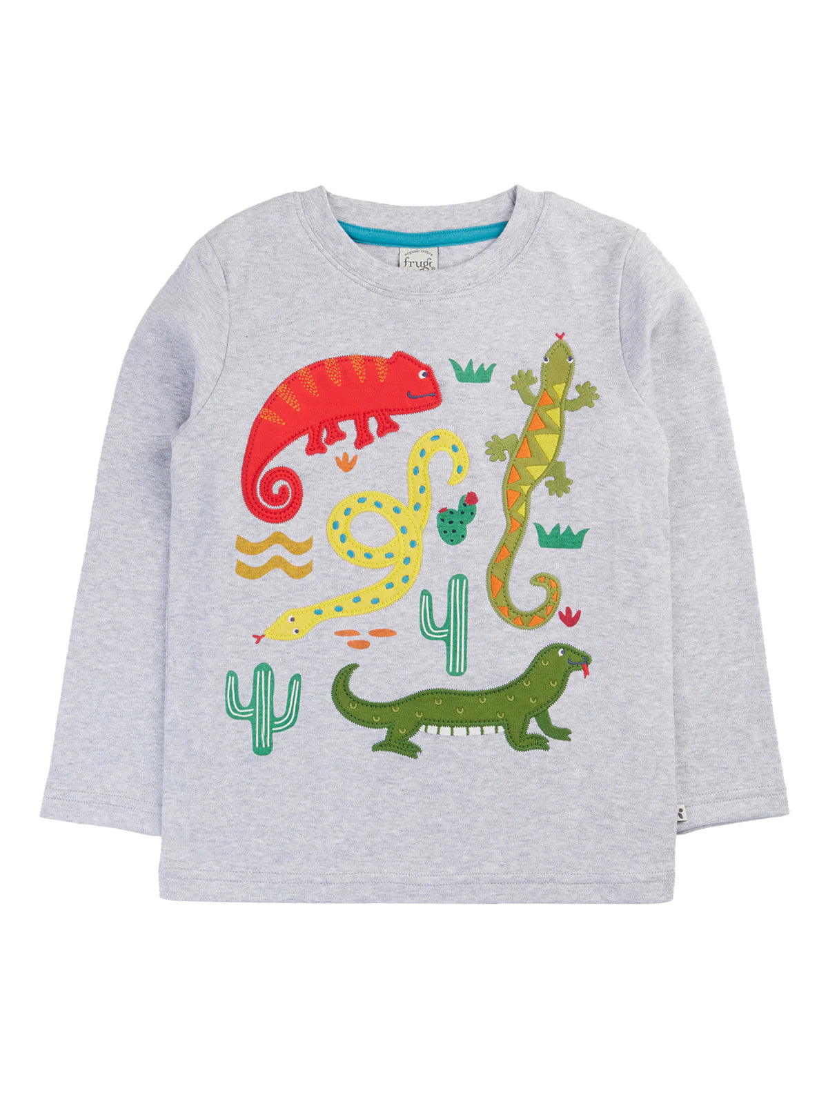 Långärmad t-shirt för barn i ekologisk bomull med applikationer i form av ödlor från Frugi
