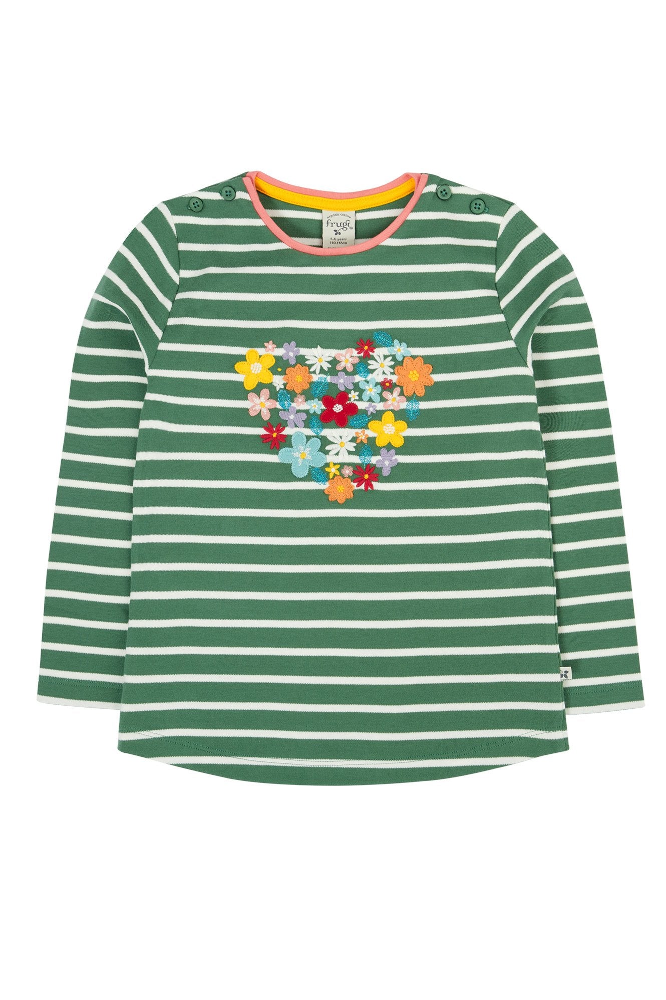 Frugi långärmad t-shirt för barn i ekologisk bomull, randig med blomapplikationer formade som ett hjärta