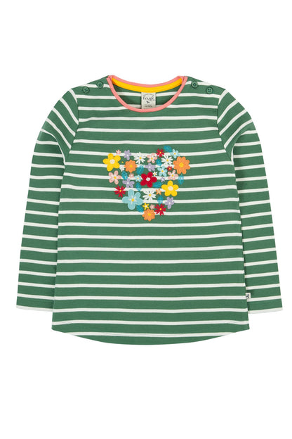 Frugi långärmad t-shirt för barn i ekologisk bomull, randig med blomapplikationer formade som ett hjärta