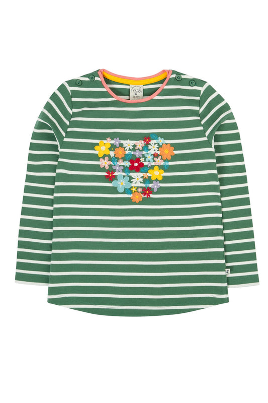 Frugi långärmad t-shirt för barn i ekologisk bomull, randig med blomapplikationer formade som ett hjärta
