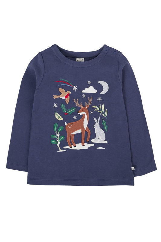 Ekologisk långärmad t-shirt för barn, blå med vintermotiv