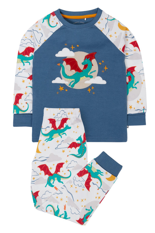 Ekologisk pyjamas för barn från Frugi med mönster med drakar