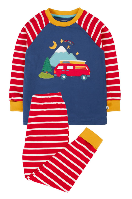 Frugi pyjamas för barn i ekologisk bomull med applikation i form av en husbil