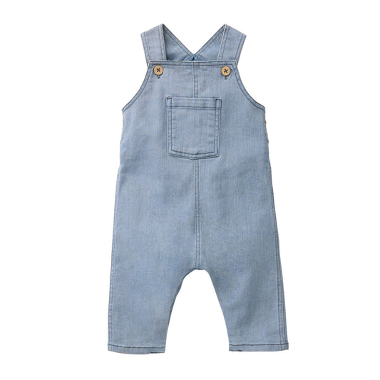 Blågrå hängselbyxor för baby och barn i ekologisk stretch-twill från People Wear Organic