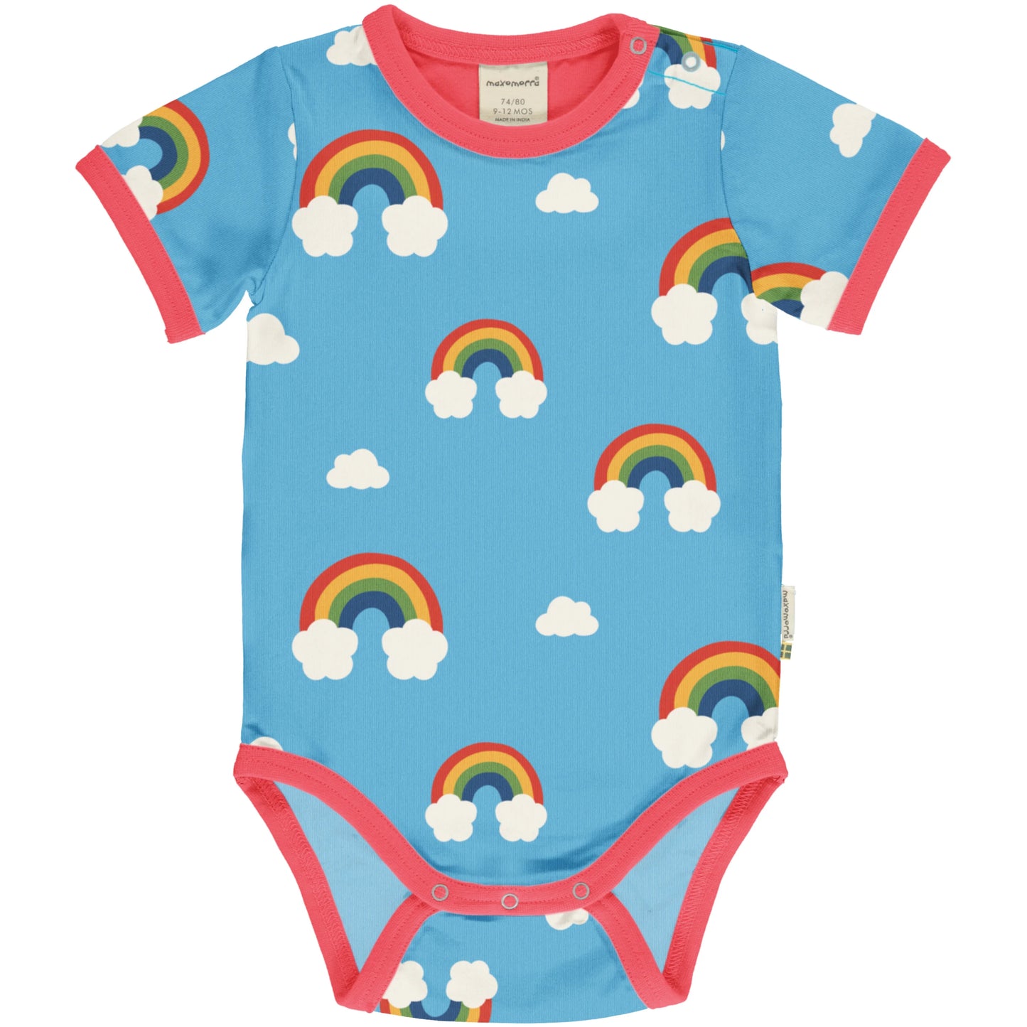 Ekologisk kortärmad body för baby från Maxomorra med regnbågsmönster på blå botten