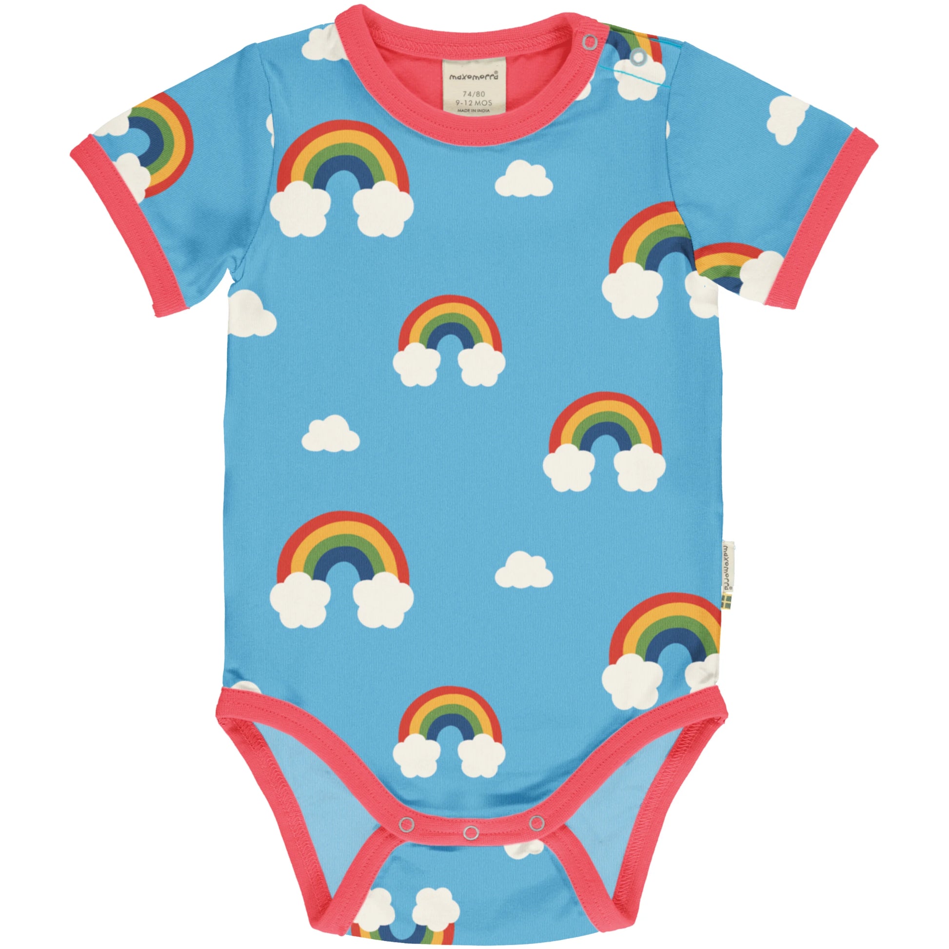 Ekologisk kortärmad body för baby från Maxomorra med regnbågsmönster på blå botten