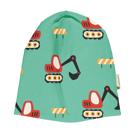 Mössa för barn med grävmaskinsmönster från Maxomorra, tillverkad i ekologisk bomull, GOTS