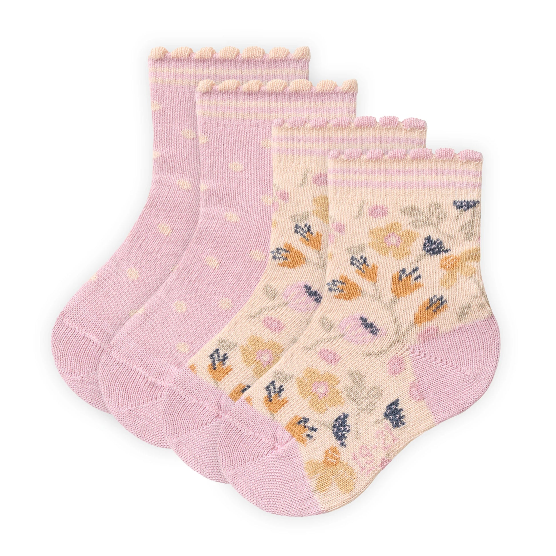 Tvåpack ekologiska strumpor för baby, prickiga och blommiga i rosa toner, från People Wear Organic