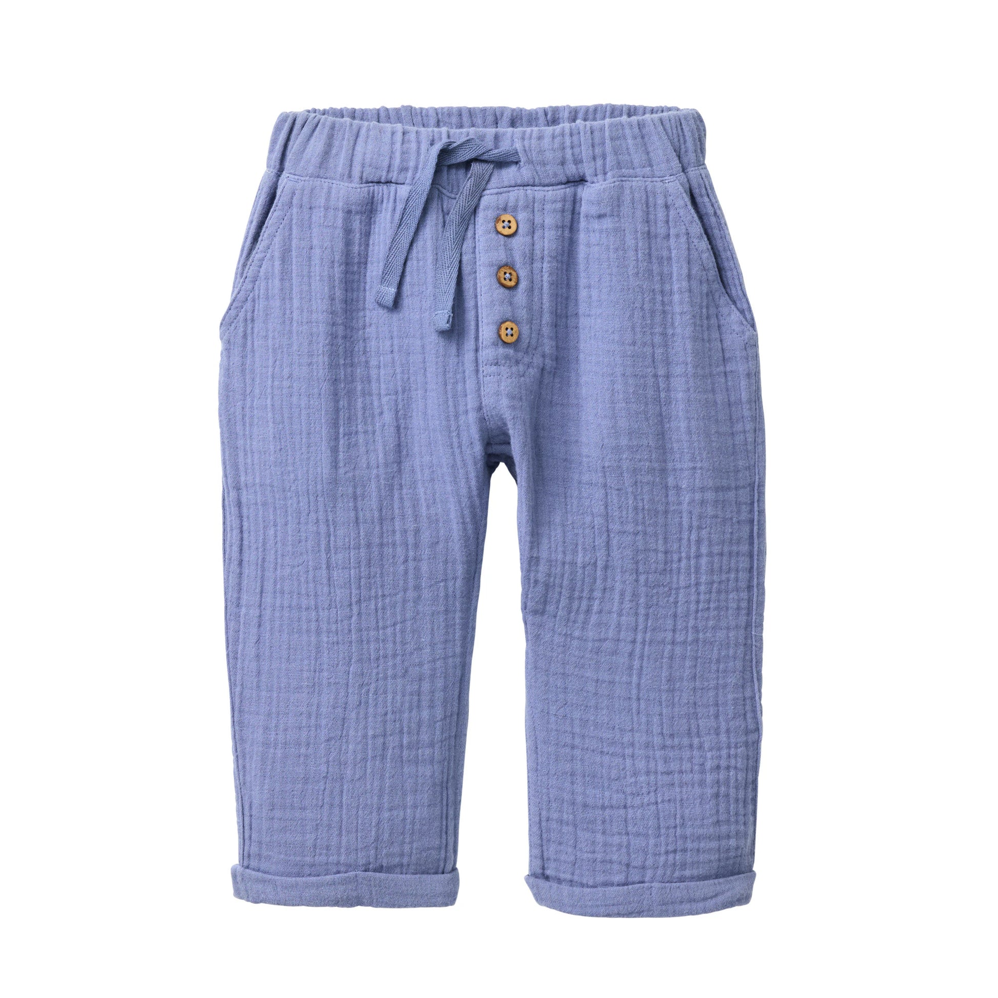 Ekologiska babybyxor i blå bomullsmuslin från People Wear Organic