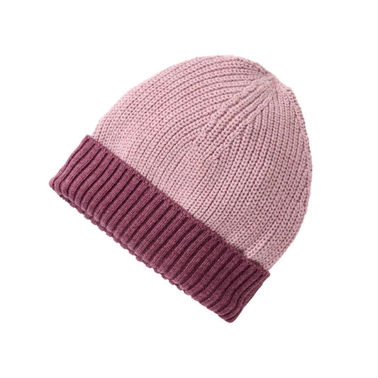 Stickad mössa för barn i rosa och vinrött i ekologisk bomull från People Wear Organic