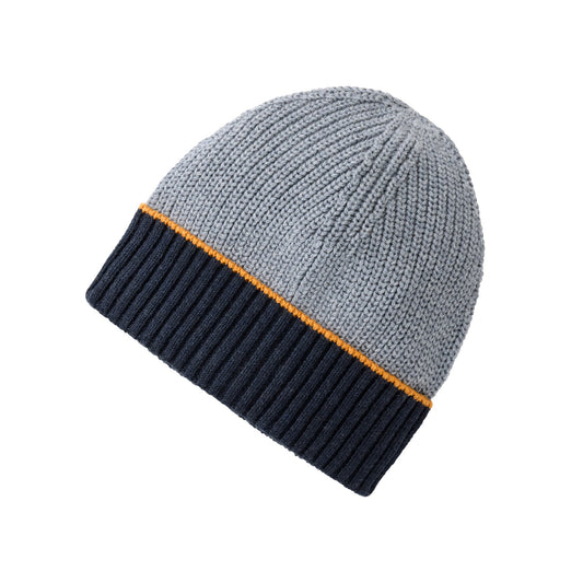 Stickad mössa för barn i blått, orange och blågrått i ekologisk bomull från People Wear Organic
