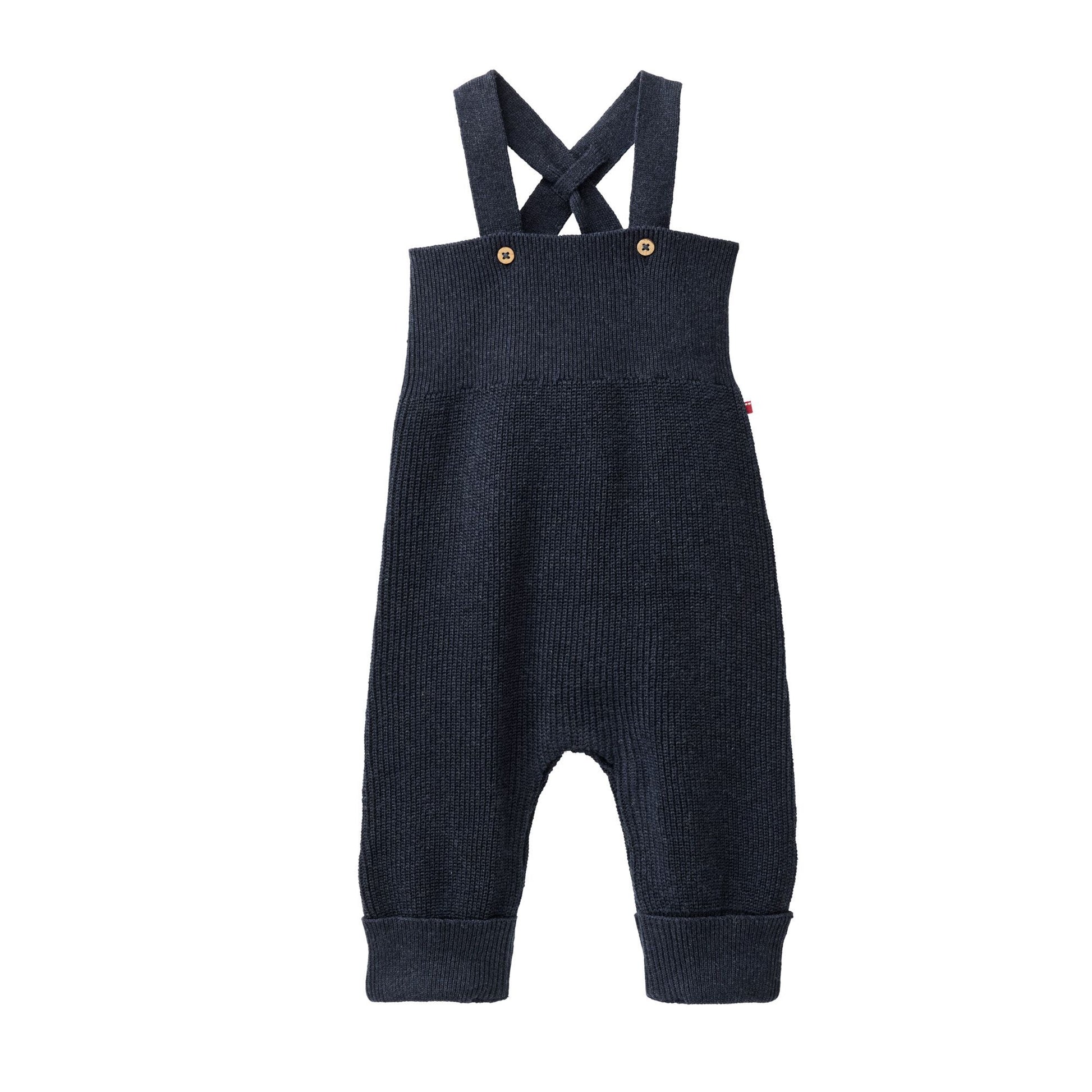 Ekologiska stickade hängselbyxor för baby från People Wear Organic, mörkblå
