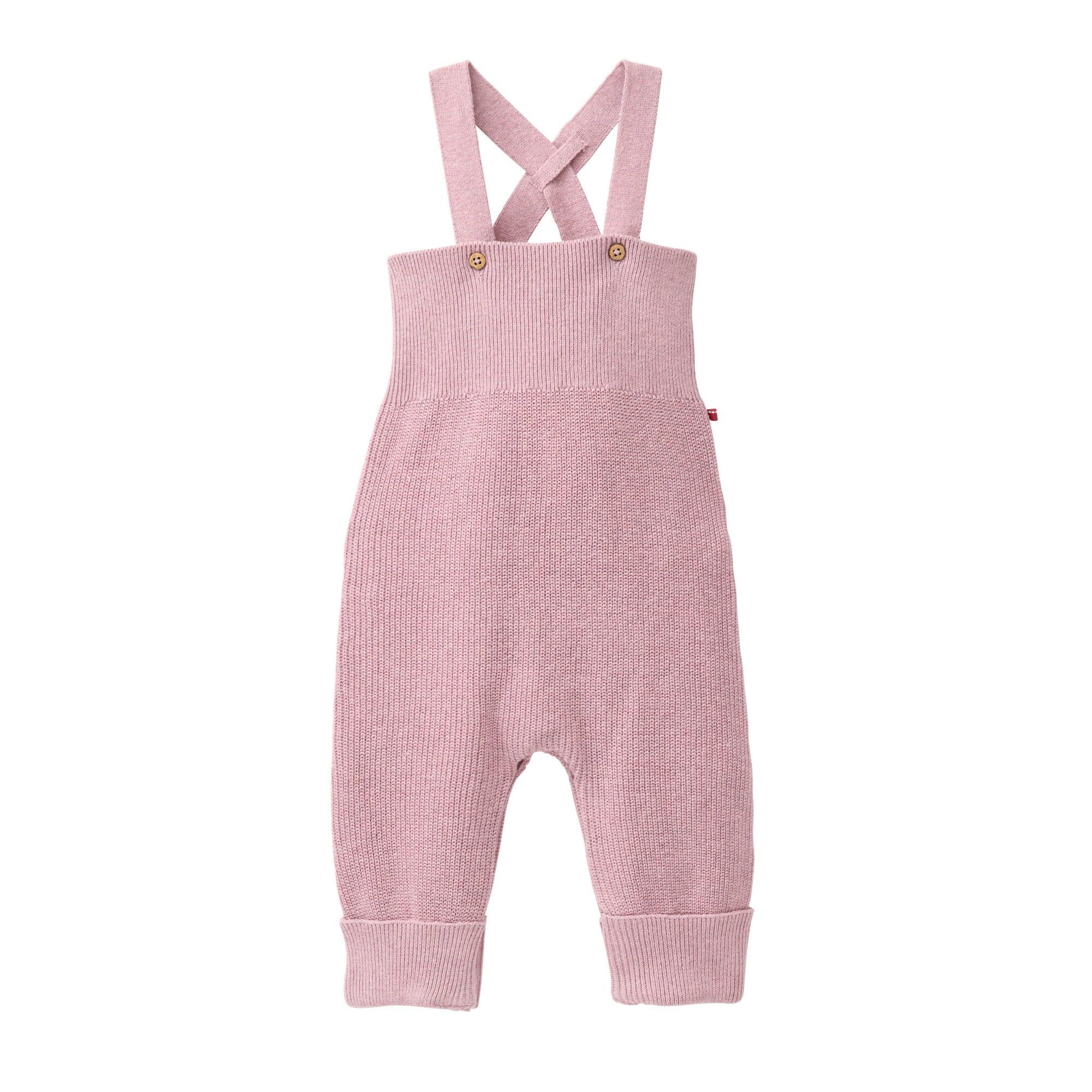 Ekologiska stickade hängselbyxor för baby från People Wear Organic, rosa