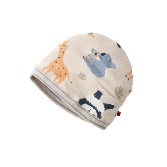 Vändbar babymössa i ekologisk bomullstrikå med vilda djur och ränder från People Wear Organic