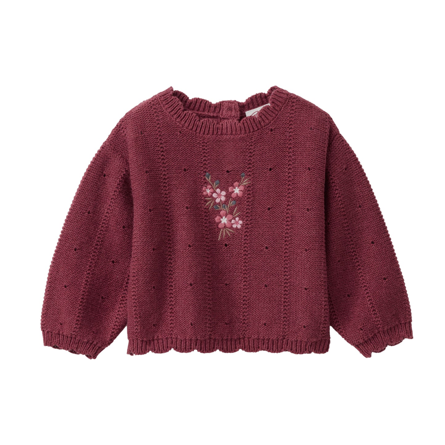 Ekologisk vinröd stickad tröja för baby med blombroderi från People Wear Organic