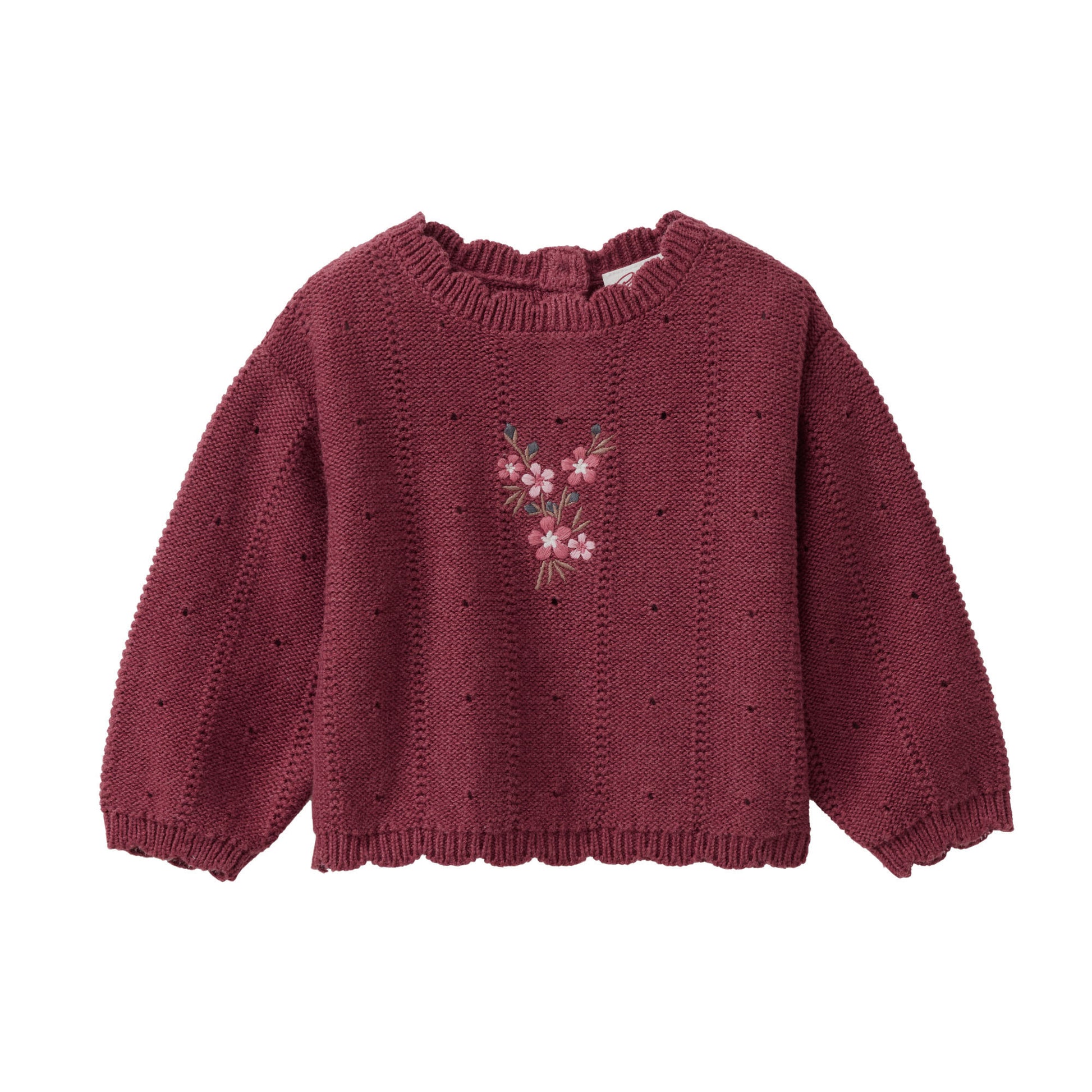 Ekologisk vinröd stickad tröja för baby med blombroderi från People Wear Organic