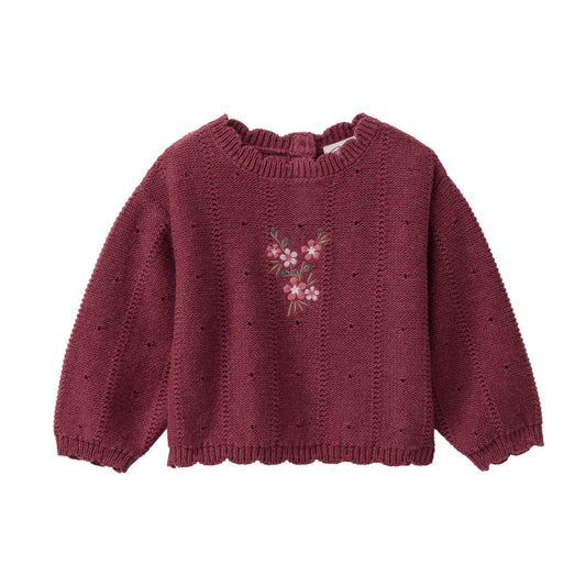 Ekologisk vinröd stickad tröja för baby med blombroderi från People Wear Organic